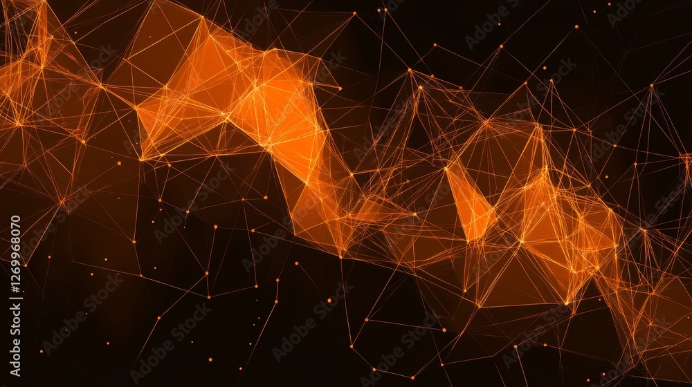 Poster abstract orange network connection structure. geometric polygonal triangles on dark background.