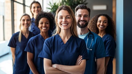 Diverse team of confident nurses smiling in modern hospital