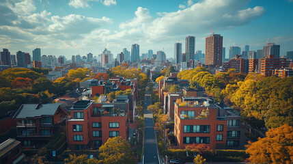 Obraz premium Vibrant city skyline showcasing modern buildings amidst autumn foliage in an urban setting