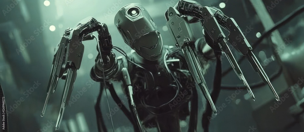 Poster futuristic humanoid robot with intricate mechanical details and advanced tech