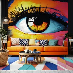 Creative living room design with colorful eye mural