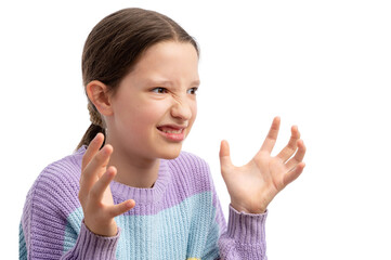 A young girl with a frustrated expression, raising her hands in a gesture of annoyance against a...