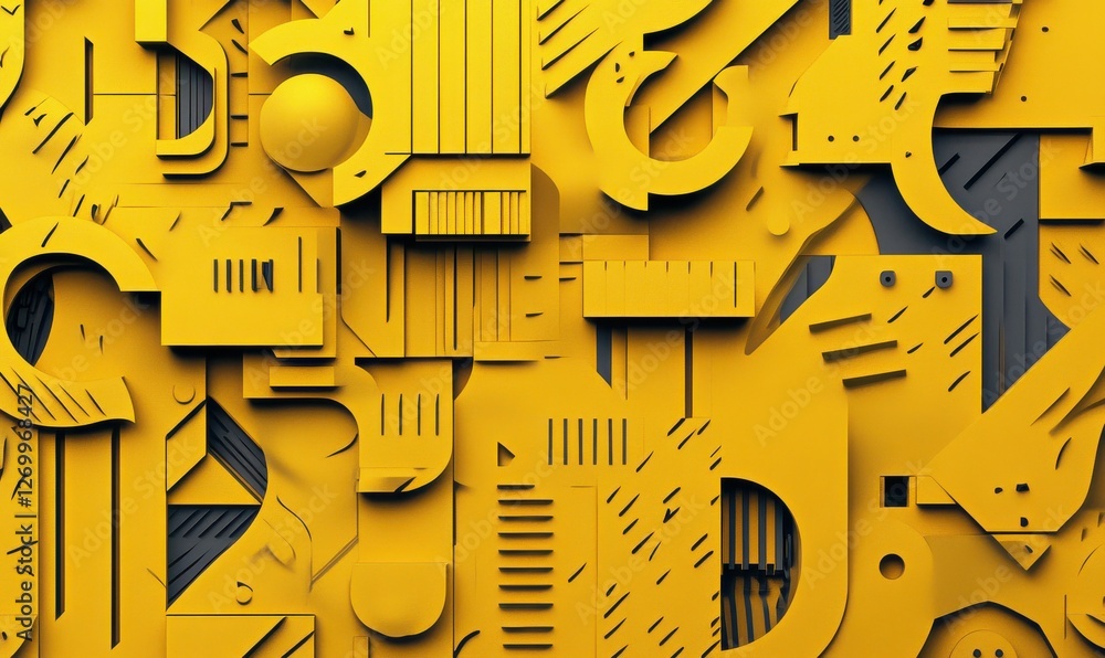 Poster a yellow background design with an abstract 3d geometric pattern.