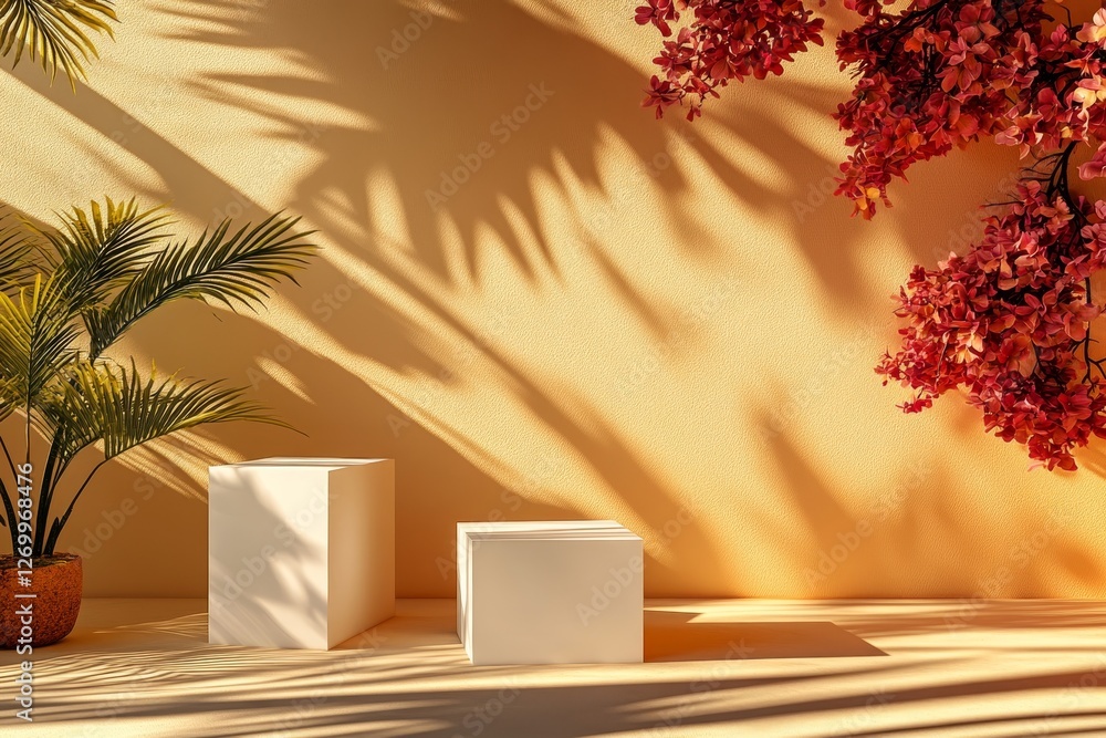 Poster an abstract minimalist nature-inspired scene comprising an empty stage with three white rectangular 