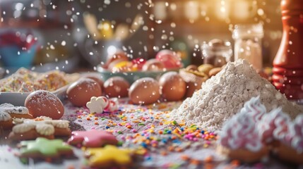 Colorful Baking Ingredients with Flour and Eggs for Sweet Treats