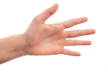 A close-up of a human hand with fingers extended against a white background.