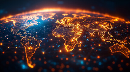 Vibrant illuminated world map showcasing connectivity and technology across continents with glowing lines and dots