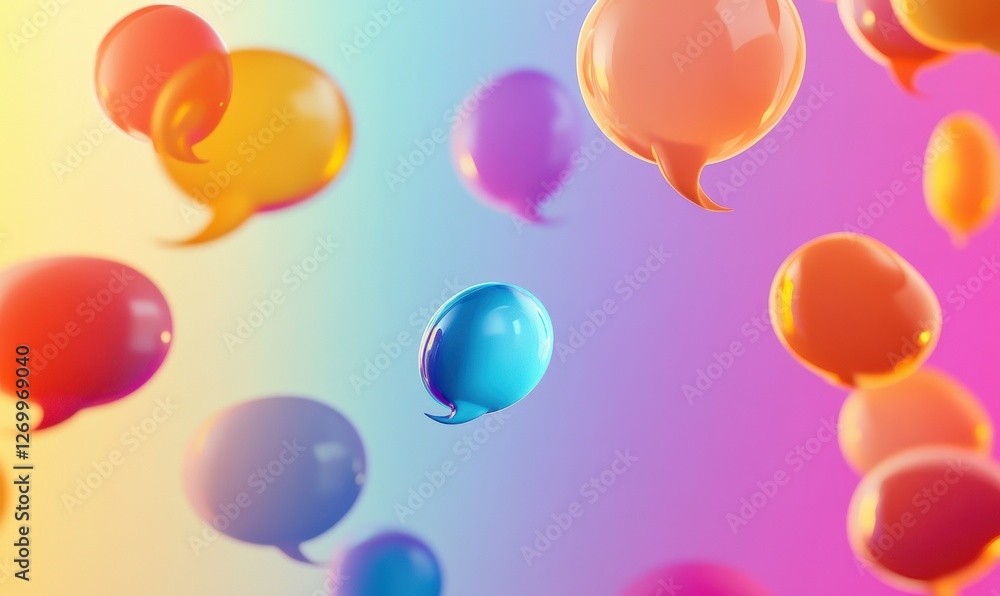 Poster abstract digital art of colorful speech bubbles floating in a gradient background, symbolizing onlin