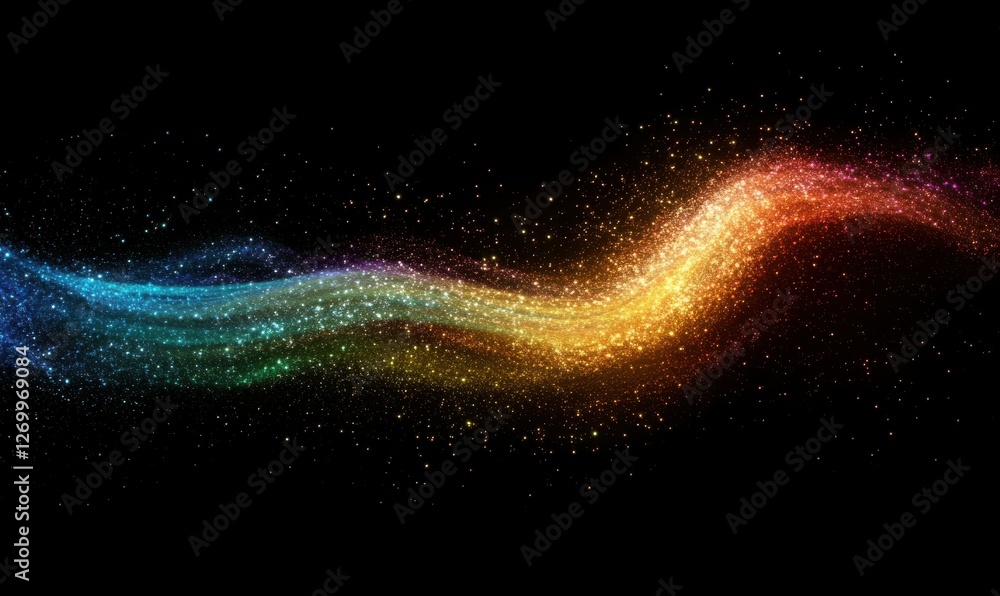 Poster abstract digital art of glowing colorful particles swirling in a black background, soft neon lights 