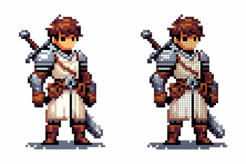 Fototapeta premium A pixel art warrior stands confidently, wearing medieval armor and holding a sword. The character is designed in vibrant colors, suggesting bravery and readiness for battle in a fantasy realm
