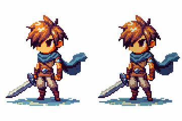 A young hero in colorful pixel art, wielding a sword, stands poised for action in a dynamic fantasy environment. The character radiates determination and bravery