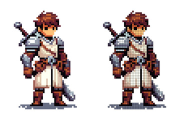 A pixel art warrior stands confidently, wearing medieval armor and holding a sword. The character is designed in vibrant colors, suggesting bravery and readiness for battle in a fantasy realm