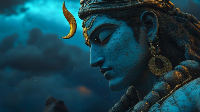 A 3D representation of Adi Yogi Bholenath Mahadev, the Adiyogi Black Shiv Sculpture in Coimbatore, features a statue with a moon and stars on its head, signifying the celebrations of Maha Shivaratri