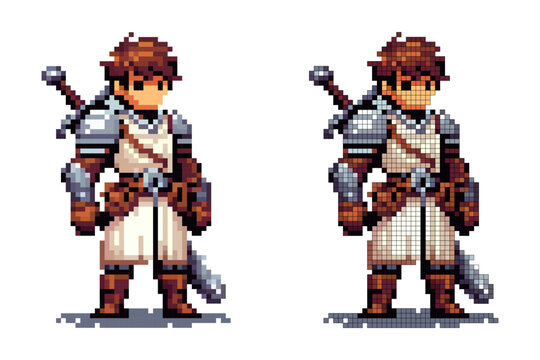 Fototapeta A pixel art warrior stands confidently, wearing medieval armor and holding a sword. The character is designed in vibrant colors, suggesting bravery and readiness for battle in a fantasy realm