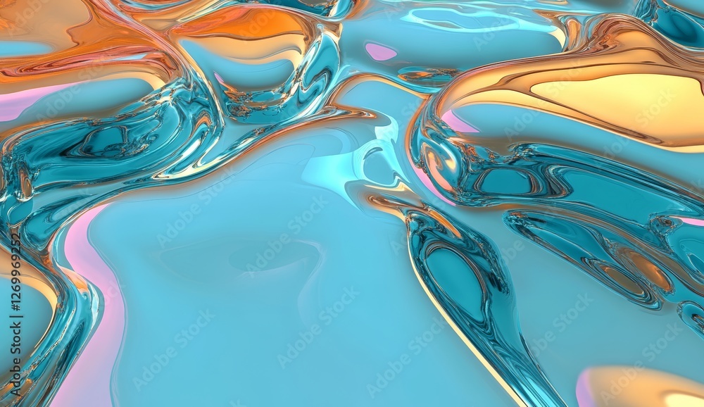Poster futuristic abstract 3d liquid chrome background with surreal hologram effects, dynamic neon wave pat