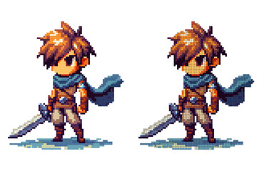 A young hero in colorful pixel art, wielding a sword, stands poised for action in a dynamic fantasy environment. The character radiates determination and bravery
