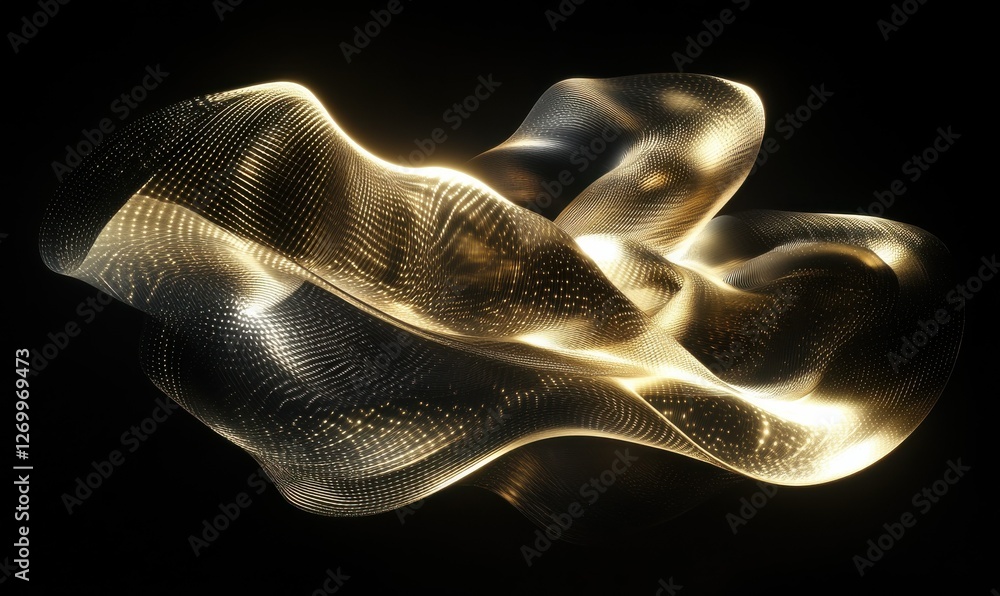Poster abstract golden light trails creating dynamic shapes and patterns against a deep black background, s