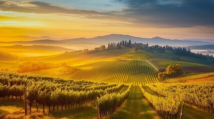 Vineyards and landscape at sunrise with rolling hills.
