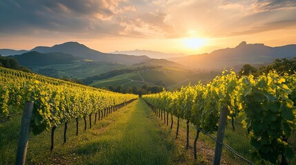 Vineyards and landscape at sunrise with rolling hills.