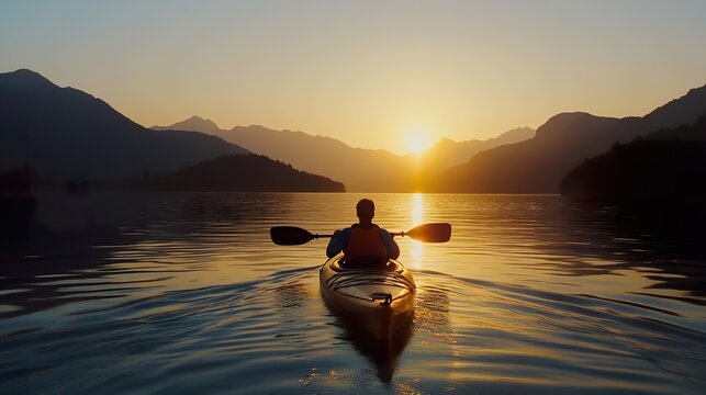 View of a person kayaking on a lake at sunset with mountains.