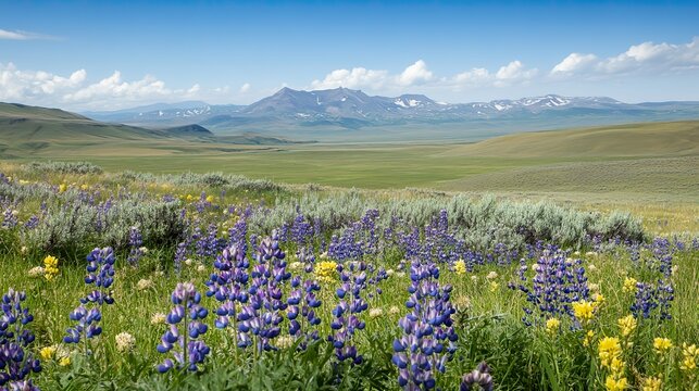 Wild lupine flowers scattered among rolling hills.