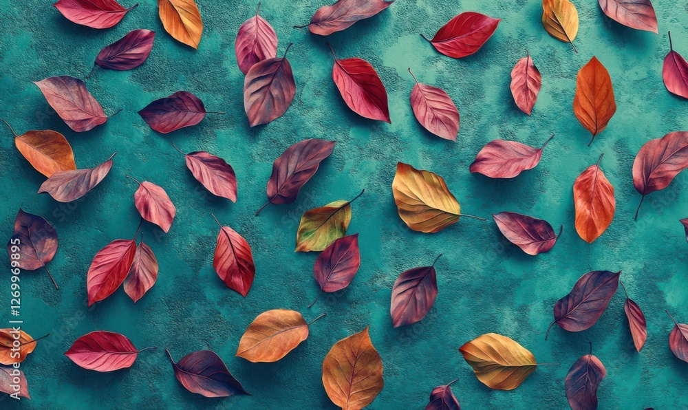 Poster array of colorful autumn leaves spread out against a vibrant teal surface, with textures and shadows