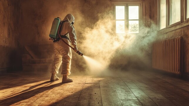 Un homme v&ecirc;tu d'une combinaison de protection effectue un traitement &agrave; la vapeur dans un appartement pour se d&eacute;barrasser des punaises de lit