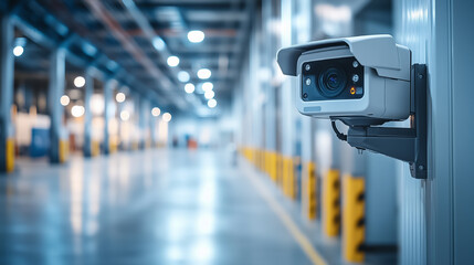 Security camera monitors expansive industrial warehouse during daytime operations