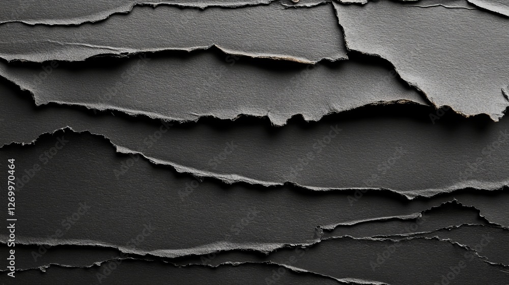 Poster torn black paper sheets with uneven texture edges, part of a set of ripped pages in png format, isol