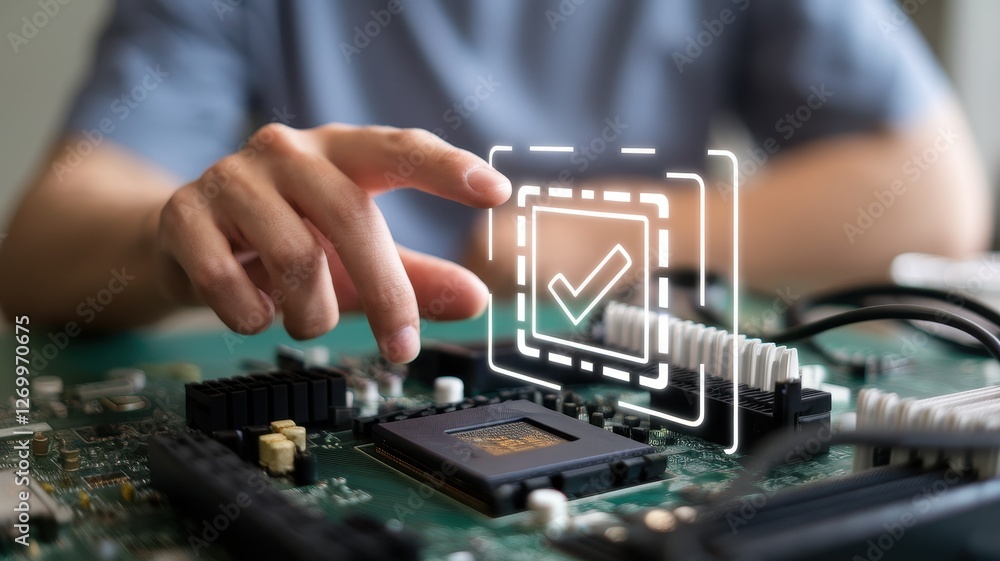 Aufkleber person points at processor with an approved icon overlay
