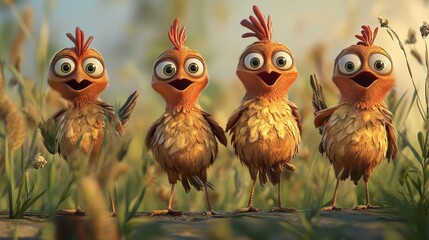 Fototapeta premium Four vibrant birds singing outside