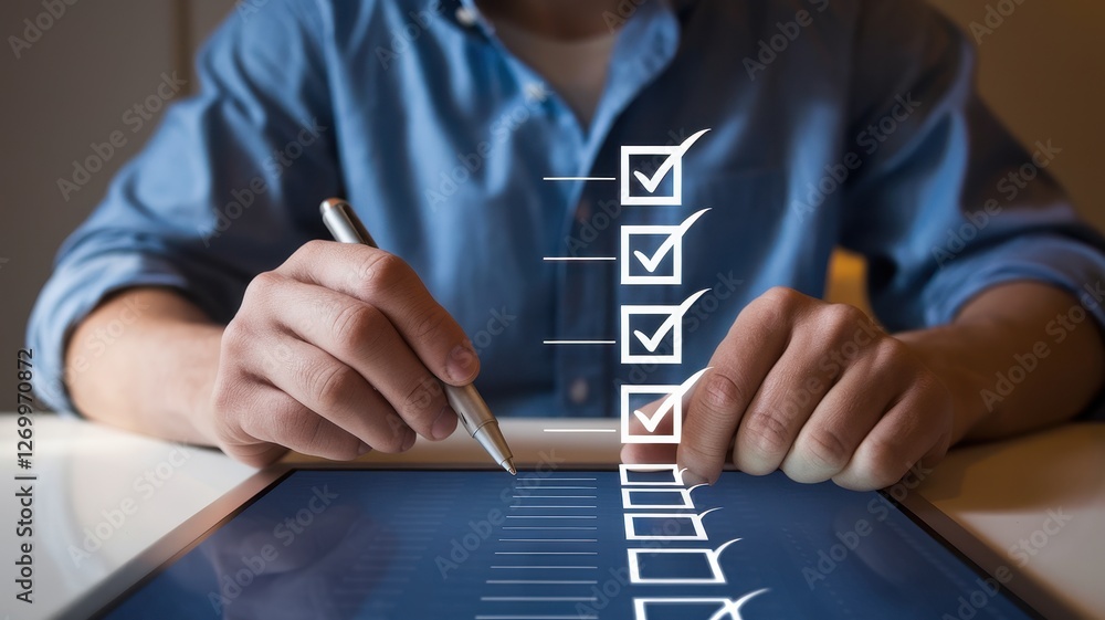 Poster man using stylus to complete digital checklist on tablet