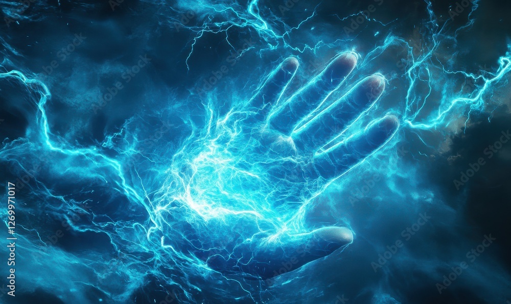 Poster abstract digital rendering of a glowing hand made of lightning, vibrant blue tones creating a powerf