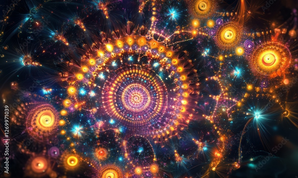 Poster abstract digital rendering of glowing colorful fractals in motion, soft neon lights enhancing depth,