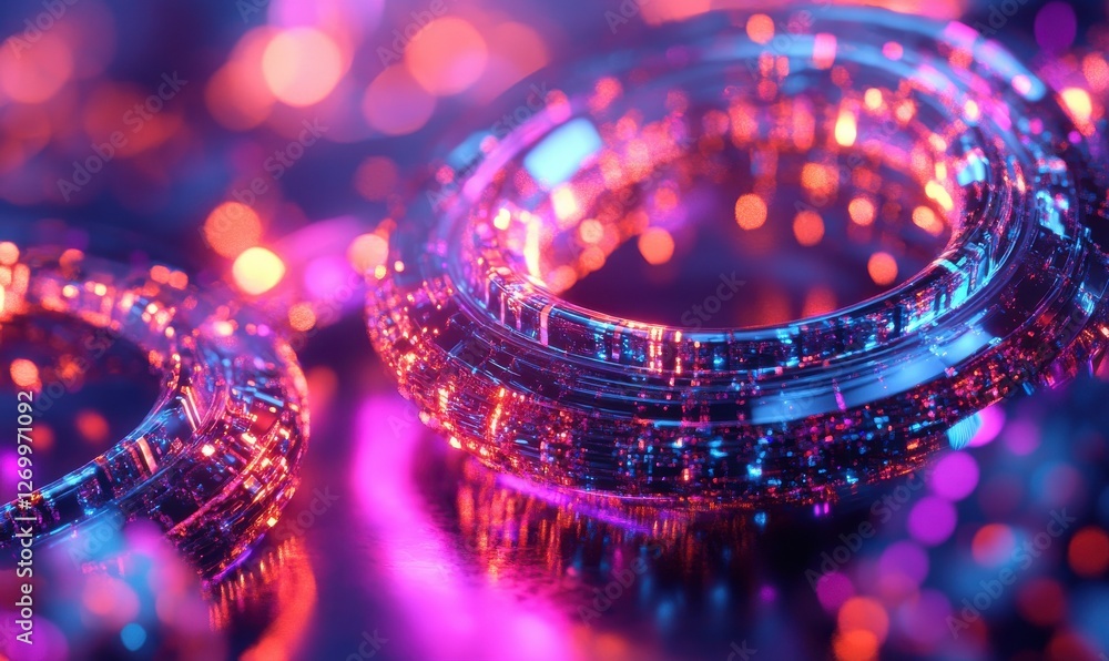 Poster abstract digital rendering of glowing neon spirals, vibrant tones blending smoothly, futuristic and 