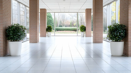 Fototapeta premium Bright modern office lobby featuring brick pillars and green potted plants looking out to a garden.