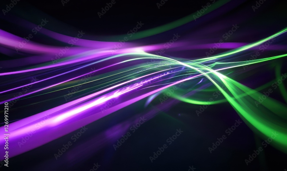Poster abstract digital wave pattern with glowing purple and green lines, dynamic futuristic design, clean 