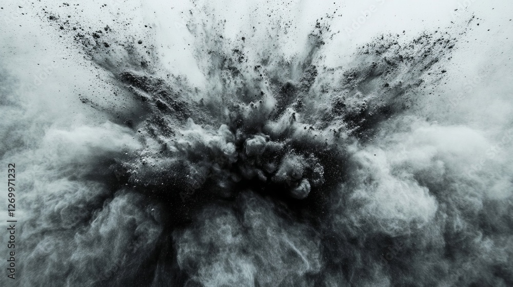 Aufkleber an explosion of white powder or flour is frozen in stop motion and presented in isolation on a black
