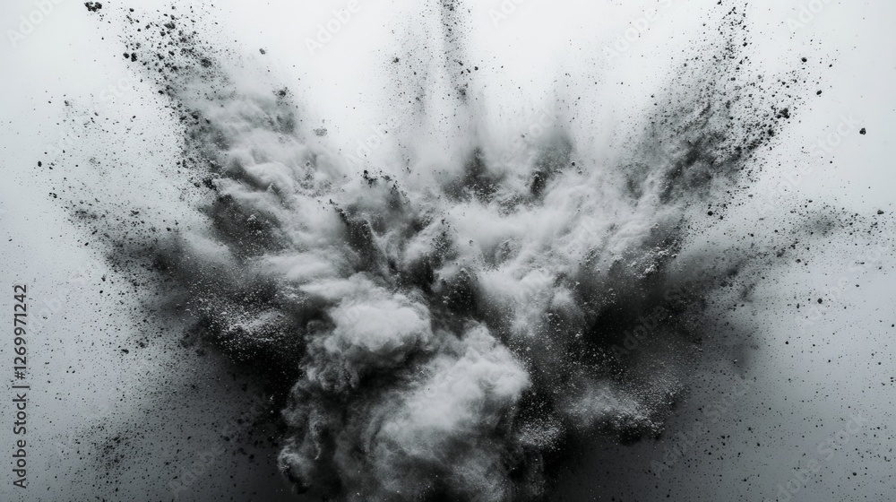 Poster a freeze-frame capture of a white powder or flour explosion is presented as a stop motion object des