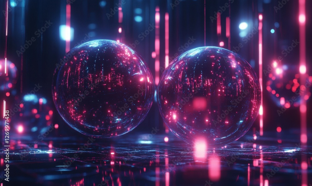 Aufkleber abstract futuristic digital art of glowing orbs floating in a dark space, vibrant neon colors creati