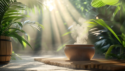 Serene atmosphere with steaming pot and sunlit greenery indoors