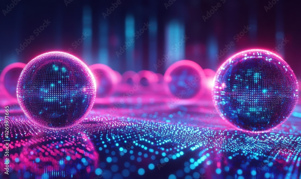 Poster abstract futuristic rendering of glowing digital spheres in motion, vibrant neon tones blending smoo