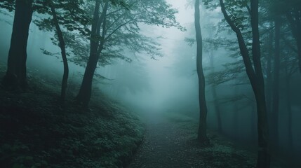 Obraz premium A serene pathway winding through a misty forest, showcasing the mystery of nature on a foggy day.