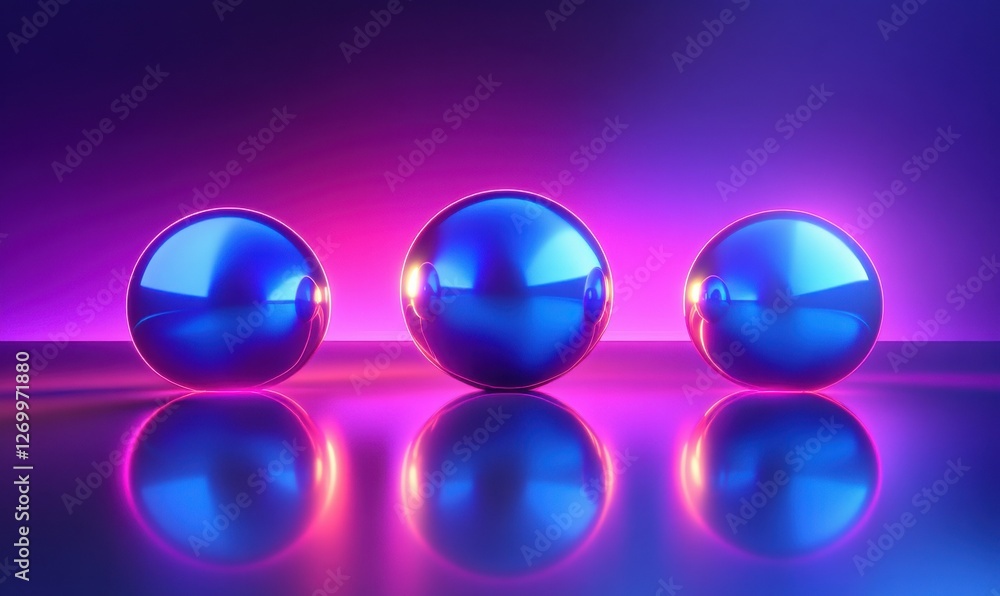 Poster abstract geometric shapes glowing in vibrant neon tones, soft reflections creating depth, futuristic