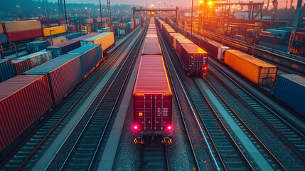 Industrial rail yard at sunset with colorful shipping containers and cargo trains