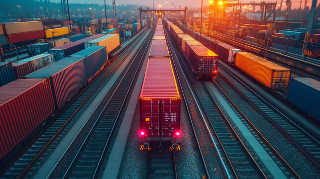 Industrial rail yard at sunset with colorful shipping containers and cargo trains