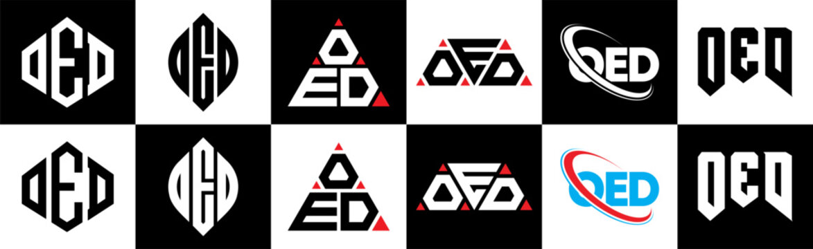 OED letter logo design in six style. OED polygon, circle, triangle, hexagon, flat and simple style with black and white color variation letter logo set in oOE artboard. OED minimalist and classic logo