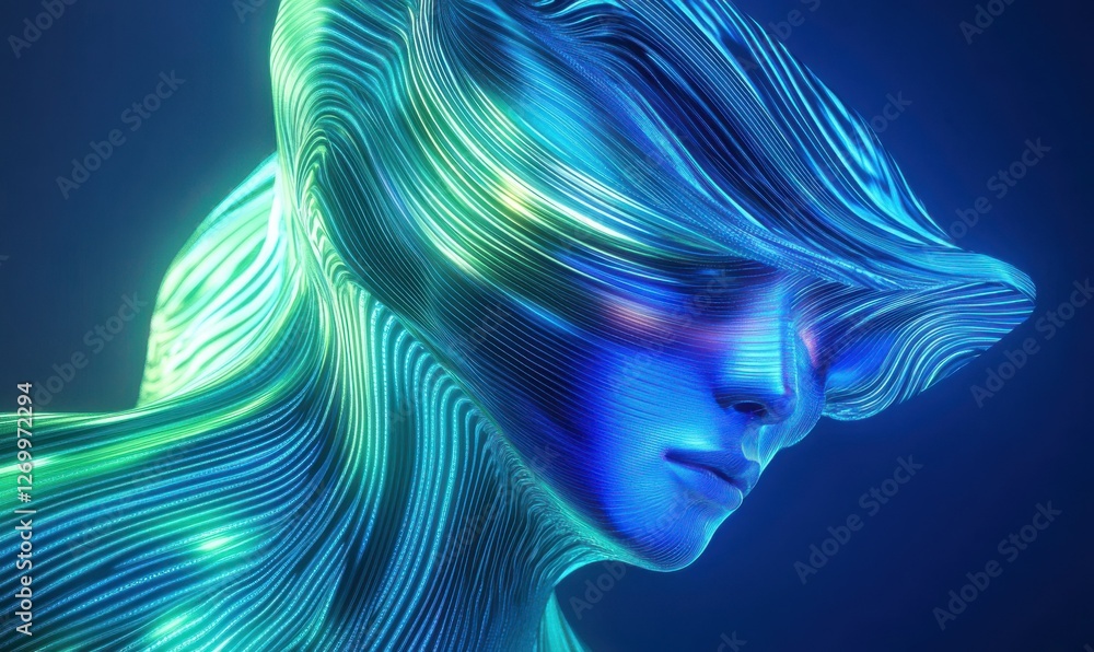 Poster abstract glowing data lines forming a dynamic wave pattern, vibrant blue and green tones blending sm
