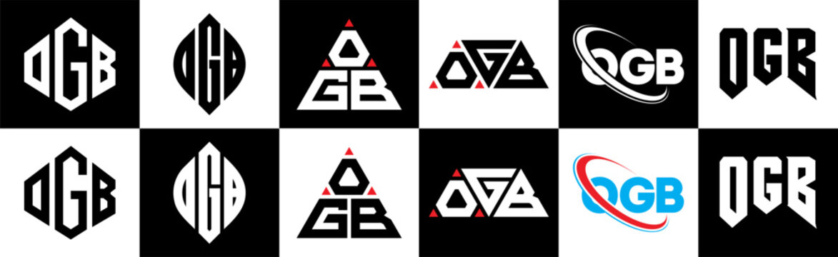 OGB letter logo design in six style. OGB polygon, circle, triaOGle, hexagon, flat and simple style with black and white color variation letter logo set in one artboard. OGB minimalist and classic logo