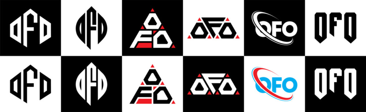 OFO letter logo design in six style. OFO polygon, circle, triangle, hexagon, flat and simple style with black and white color variation letter logo set in one artboard. OFO minimalist and classic logo